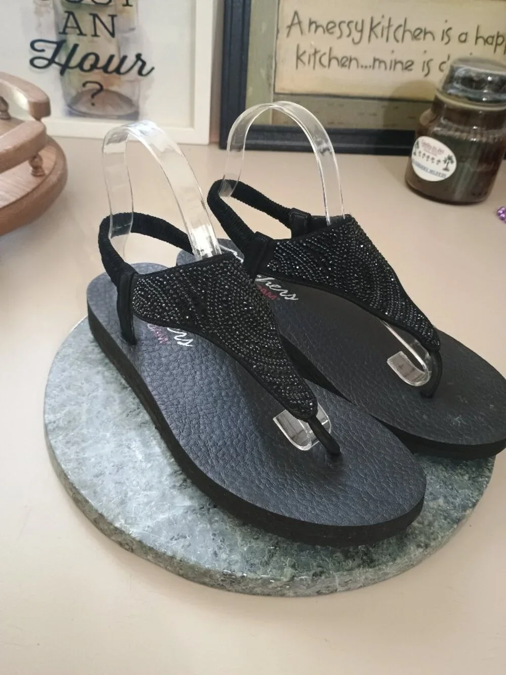 Skechers Cali Meditation Sandals New Moon Black Embellished Size 9 Yoga Foam